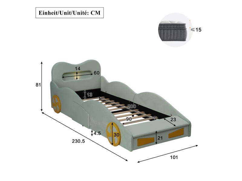  Lit enfant voiture 90x200 cm avec rangement, liseuse et prise de charge en velours vert  - Conforama E