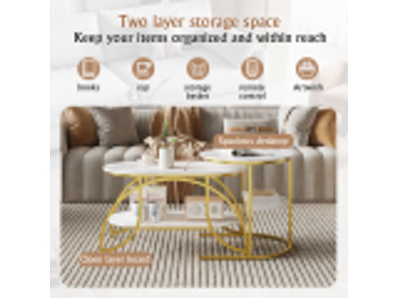  Lot de 2 tables basses 80x46x45 cm, table gigogne design marbre, avec espace de rangement, cadre en métal, pour canapé, salon, chambre (doré + blanc)  - Conforama E