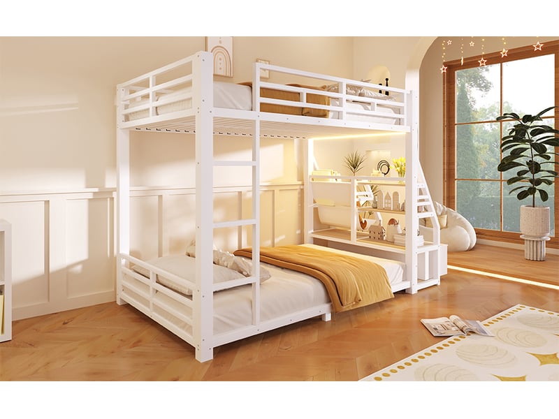  Lit superposé 2 × 90 × 200 cm, escalier à tiroirs et led, blanc  - Conforama B