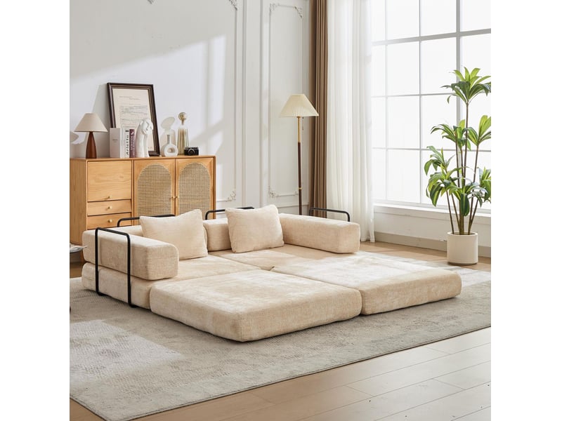 Canapé convertible pliable au sol modulable avec couchage d'appoint en chenille beige, 107 × 44 × 38 cm - Conforama C