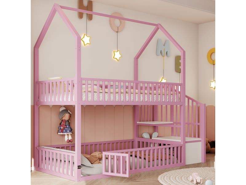  Lit superposé cabane enfant 90 x 200 cm avec escalier de rangement, garde-corps et petite porte sur le lit inférieur en métal rose sans matelas  - Conforama R