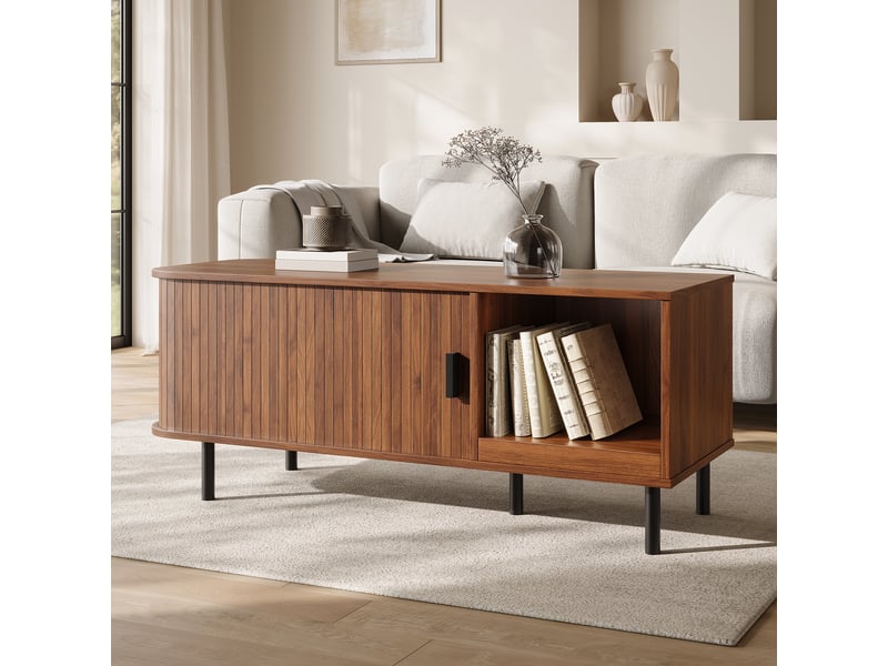 Table basse 110×40×55 cm en mdf et particules, avec porte coulissante, niche ouverte, décor à lattes et pieds en métal - Conforama B