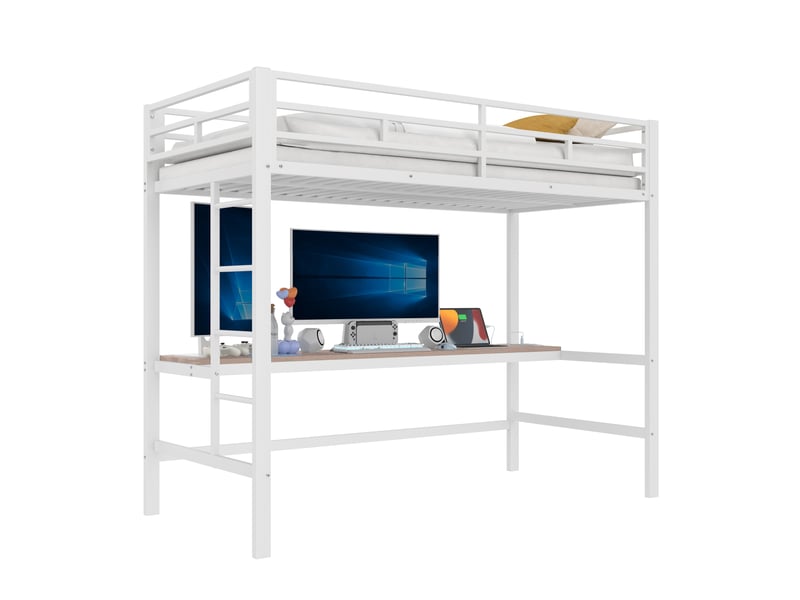  Lit mezzanine avec bureau LED, métal blanc, 90x200 cm, USB  - Conforama E
