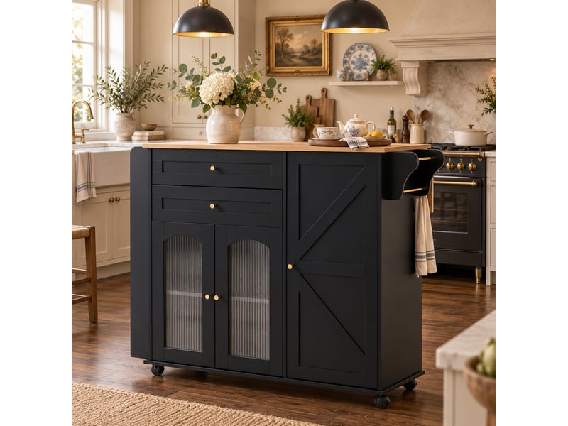  Desserte îlot cuisine 128x70x99 cm, plateau rabattable, 2 tiroirs, portes en verre, panneaux de particules, noir et naturel  - Conforama B