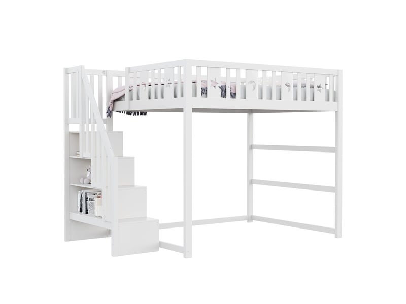 Lit mezzanine 140x200cm -, escalier avec rangement, lit double - lit enfantt - barrières de sécurité - blanc  - Conforama D