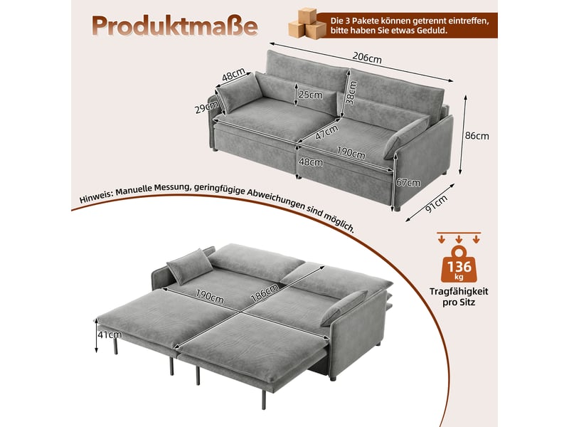 Canapé 3 places cloud chenille gris clair 206 cm convertible 3-en-1 avec rangement - Conforama C