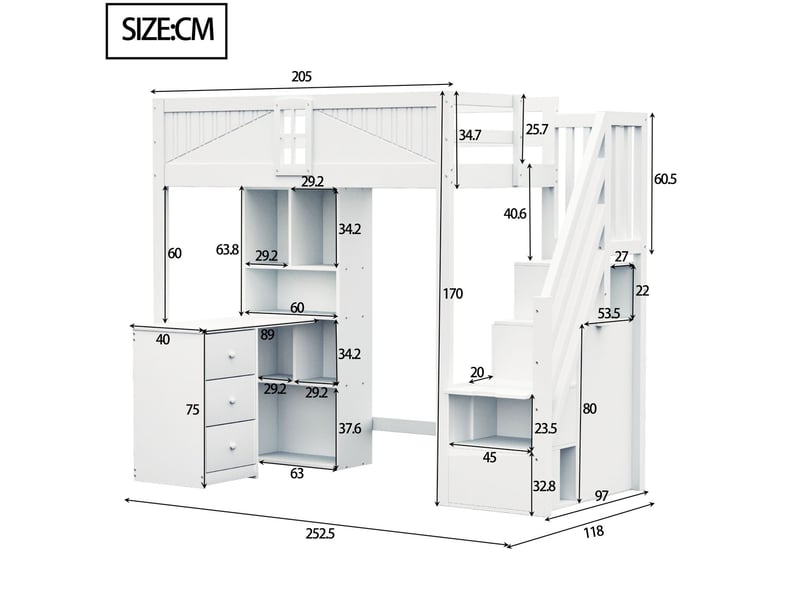  Lit mezzanine 90x200, structure bois massif sécurisé, bureau rangements intégrés, échangeable gauche droite  - Conforama C