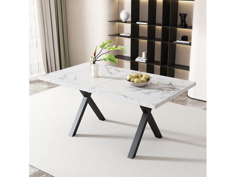 Table à manger rectangulaire 140 x 80 cm, mdf effet marbre blanc, métal noir  - Conforama E