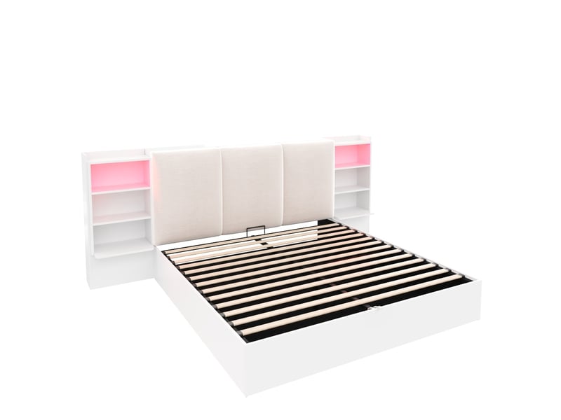  Cadre de lit plateforme (180 x 200 cm) avec tête de lit rembourrée, 6 compartiments de rangement, système de rangement hydraulique et bande lumineuse led, blanc  - Conforama E