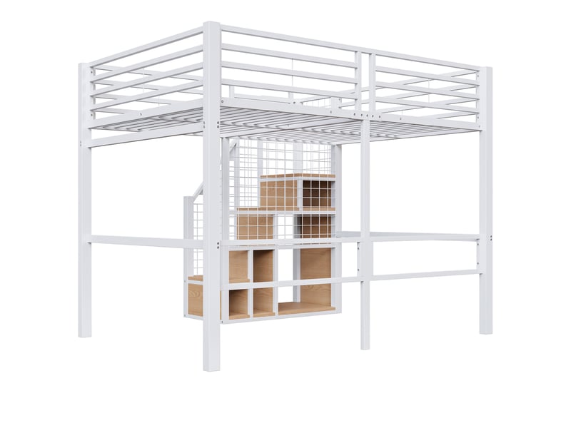 Lit mezzanine enfant 140×200 cm avec rangement, penderie et escalier - sans matelas, métal blanc - Conforama E