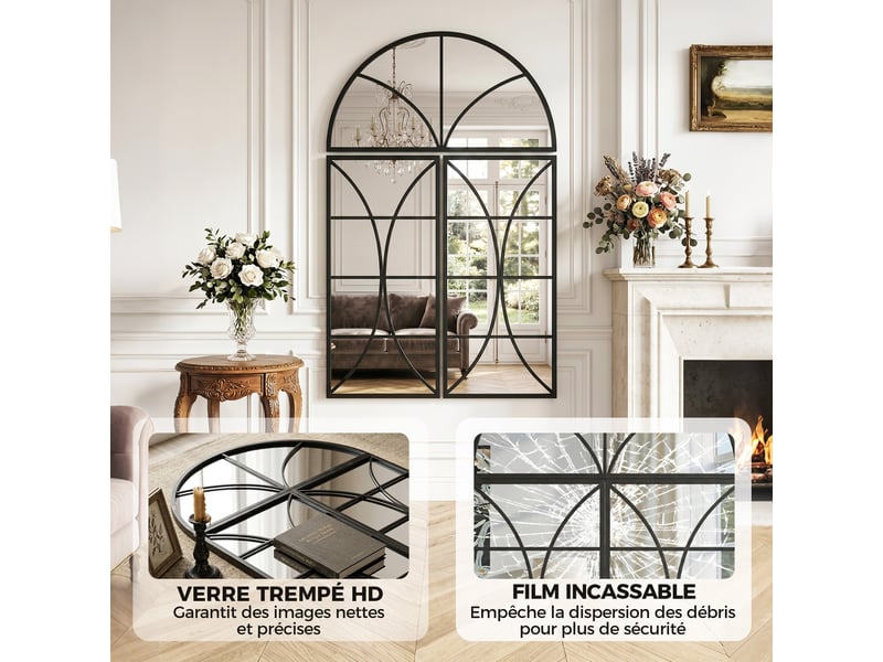  Miroir mural arqué 80 x 120 cm, lot de 3 pièces, miroir verrière en forme de fenêtre, noir, verre trempé et métal  - Conforama E