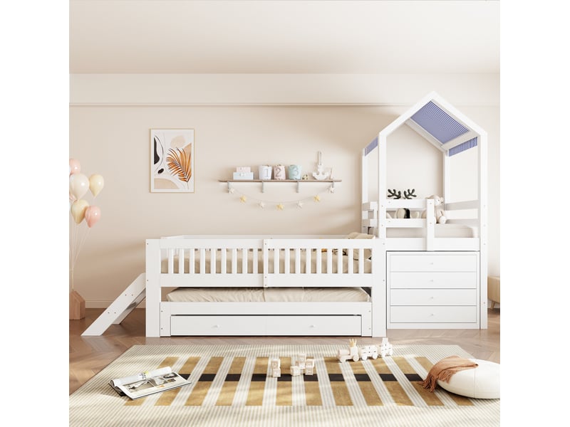  Lit mezzanine enfant 90 × 200 cm avec lit gigogne, escalier, tiroirs et toit en tissu pour chambre  - Conforama D