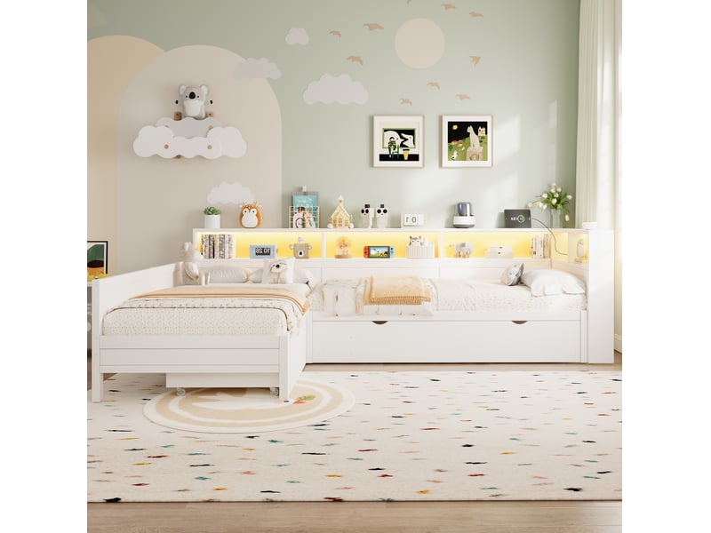  Lit enfant en l 90x200 cm, station usb et éclairage led, rangements, lit gigogne, coloris blanc, en mdf+contreplaqué, sans matelas  - Conforama D
