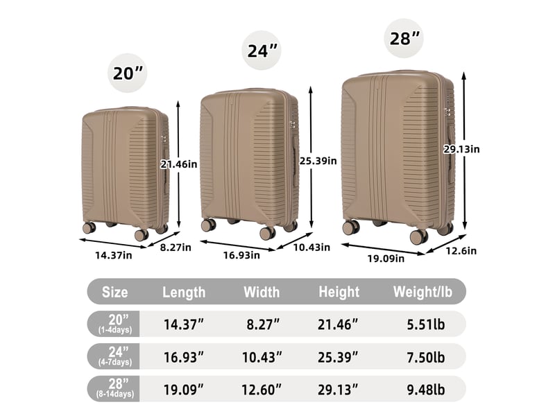  Lot de 3 valises rigides,202428 pouces,avec serrure,polypropylène,champagne  - Conforama C
