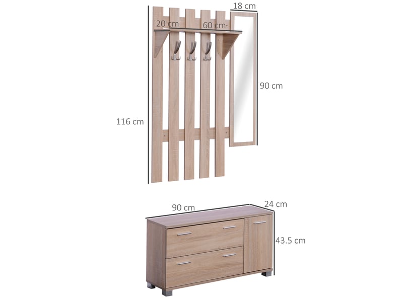  Ensemble de meubles 3 en 1 avec armoire, miroir et étagère à chaussures pour entrée, panneaux de particules, 90 x 21,5 x 116 cm, chêne  - Conforama E