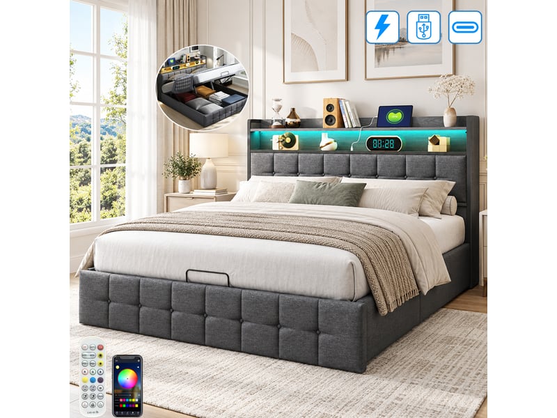 Lit coffre double 140x190cm avec led et prise usb tpye c - rangement de chevet et tête de lit rembourré- hydraulique - lit adulte 2 personnes - tissu - gris - lit capitonné, lit 2 places, cadre de lit, lit ado, sommier à lattes… - Conforama W