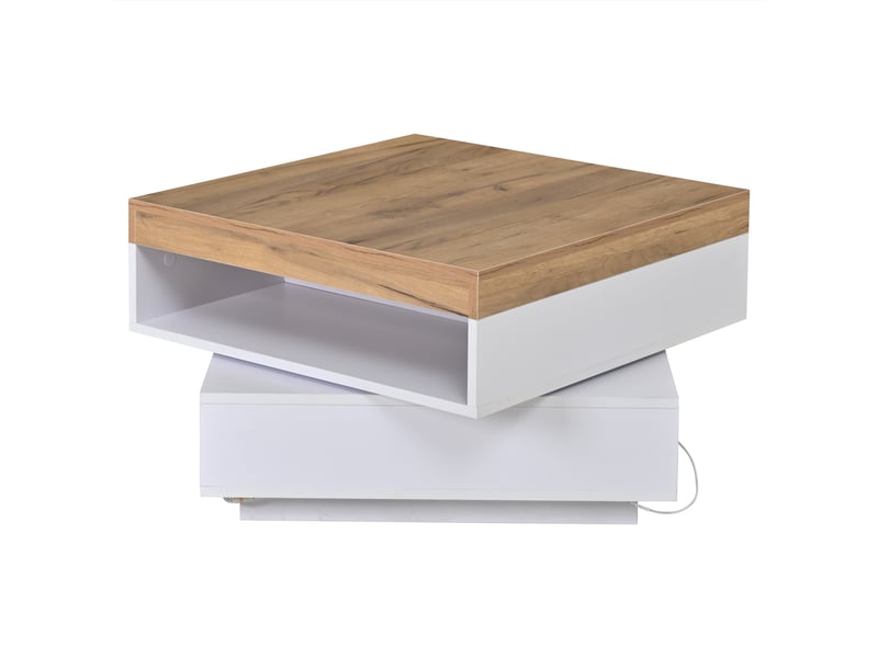  Table basse carrée avec plateau pivotant à 360 degrés, table de salon blanc et bois avec éclairage led et rangements, 65x65x40cm  - Conforama R