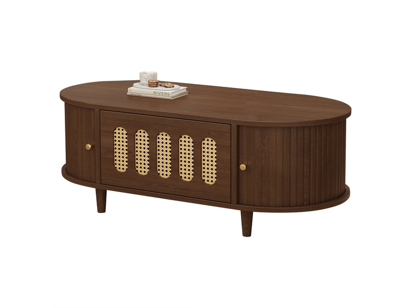  Table basse à bords arrondis 100 x 50 x 40 cm, 1 tiroir à pression, 2 portes à rideau, façade à cannage, mdf et pieds en bois massif, décor noyer Luxe haut de gamme - Conforama A