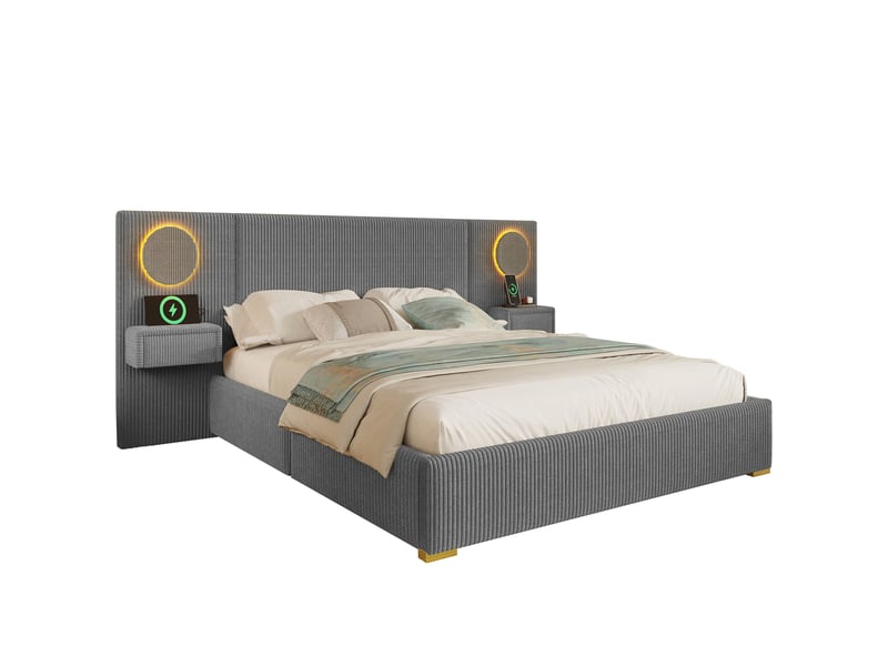  Lit rembourré 180 × 200 cm 2 places avec led réglable, usb et tiroirs, sans matelas, en velours gris  - Conforama A