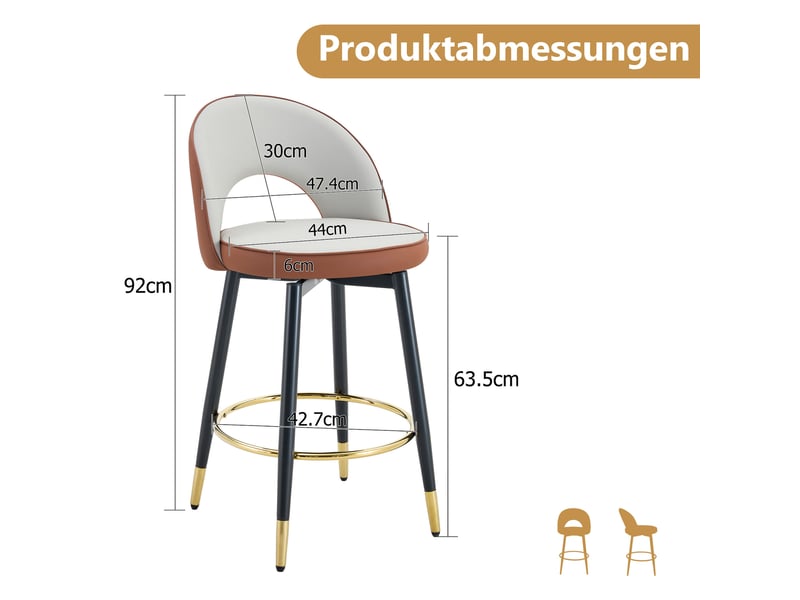  Tabouret de bar pivotant 360° avec dossier ajouré et base métallique, en pu, marron et gris clair  - Conforama D