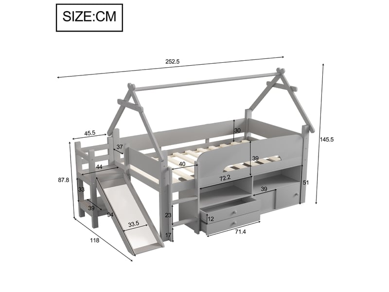  Lit mezzanine enfant 90 x 200 cm gris avec toboggan, rangements et cadre en forme de toit  - Conforama E