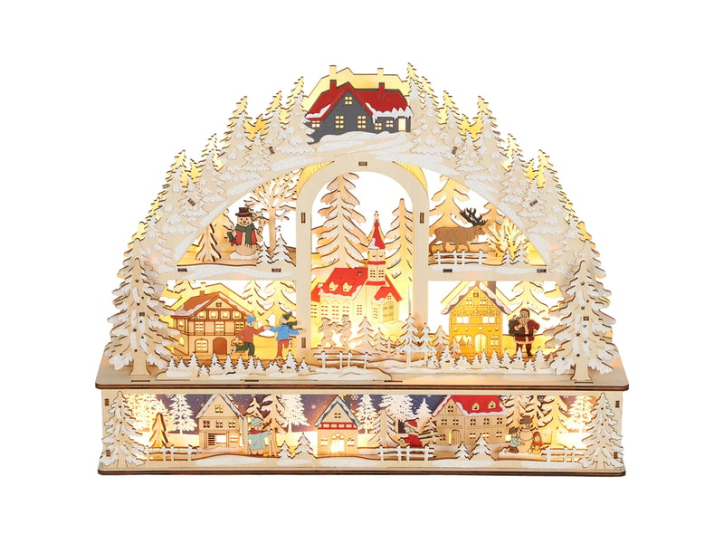  Village de noël lumineux avec 20 led, village de noël animé en arc, fonctionne sur piles, 45 x 10 x 35 cm, bois naturel  - Conforama A
