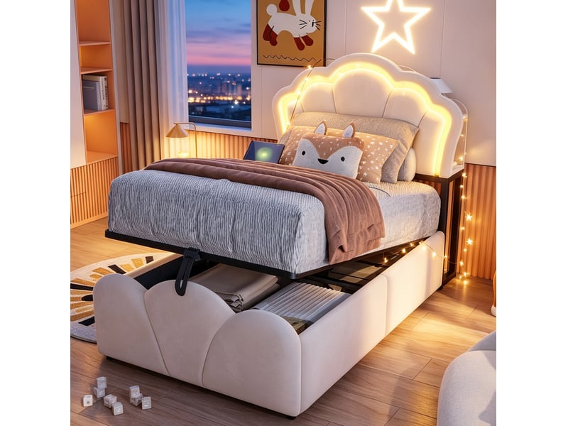  Lit, 90x200 cm, espace nuit, avec rangement hydraulique, led, design floral, matelas non inclus, velours, coloris beige  - Conforama D
