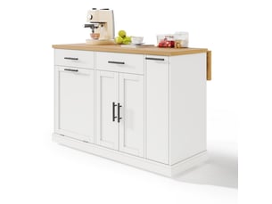 Îlot de cuisine 120x45-70x93 cm – îlot sur roulettes avec plan rabattable poubelle et épicier 4 niveaux – mdf – blanc
