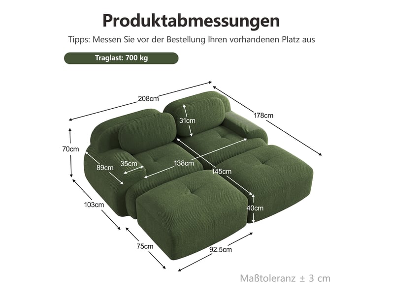  Canapé d’angle réversible 2 places en velours côtelé vert, 208 cm, sans montage W3325S00003 - Conforama E