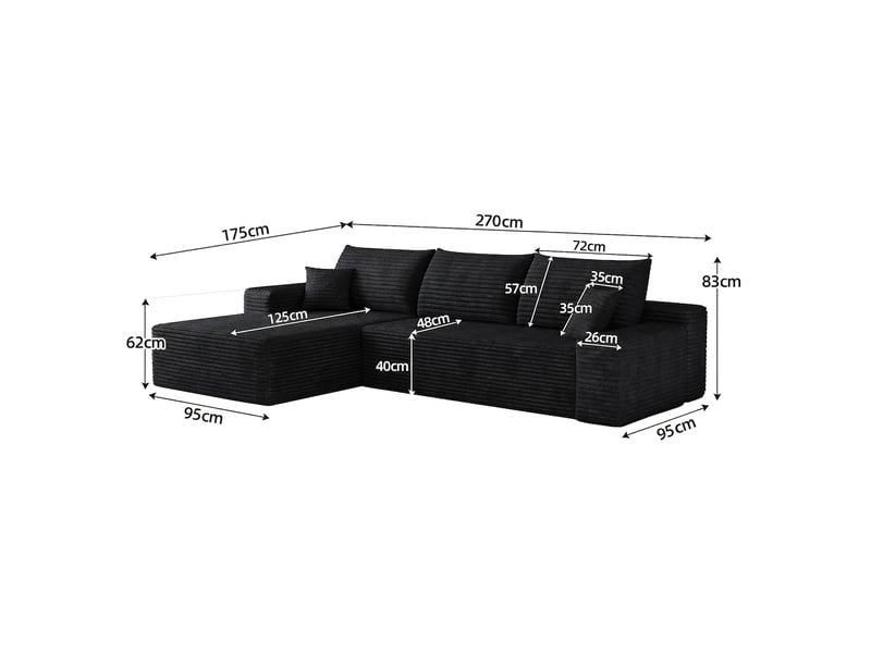 Canapé d'angle modulable 270cm avec méridienne en l - 3 places noir en velours côtelé - Conforama C