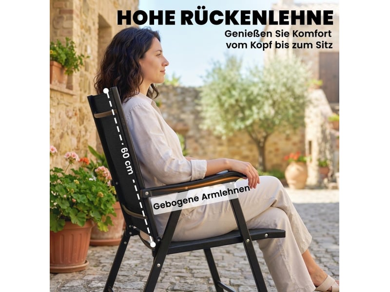  Lot de 2 chaises de jardin pliantes 58 x 62 x 97 cm – noir – dossier haut, accoudoirs et texteline  - Conforama E