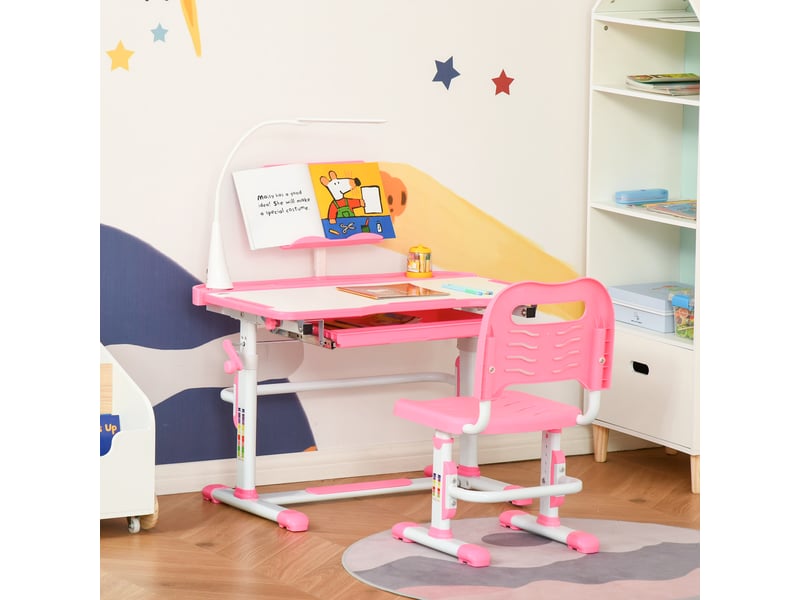 Bureau et chaise pour enfants de 6 ans et plus, hauteur et inclinaison réglables, dimensions : 80 x 49,5 x 82-104 cm et 35,5 x 43,5 x 63-73 cm, rose. - Conforama C