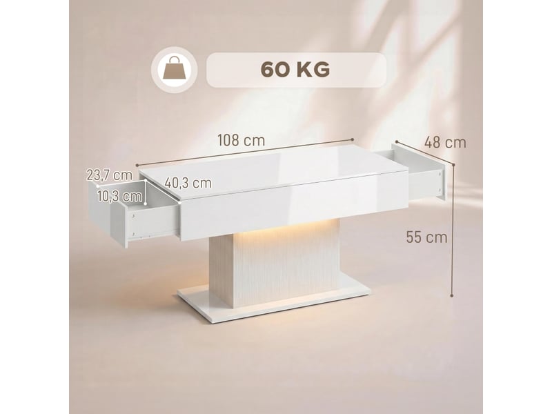  Table basse led avec 2 tiroirs et télécommande pour salon en bois d’ingénierie blanc brillant  - Conforama D