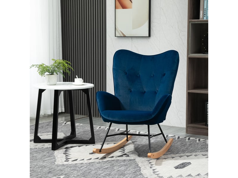  Fauteuil à bascule, rocking chair, fauteuil allaitement confortable avec structure en bois massif et métal pour salon, chambre, balcon, velours bleu  - Conforama D