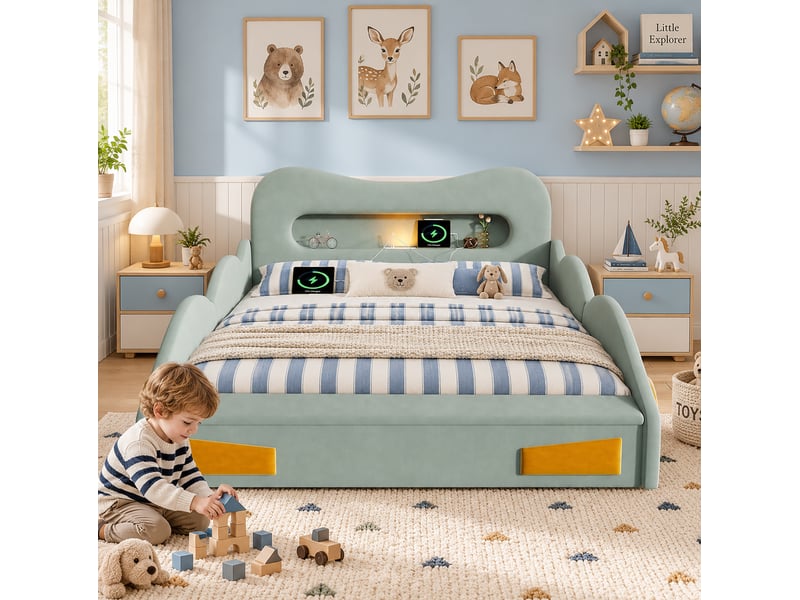  Lit enfant 140x200 cm avec led, port de charge et rangement vert  - Conforama B