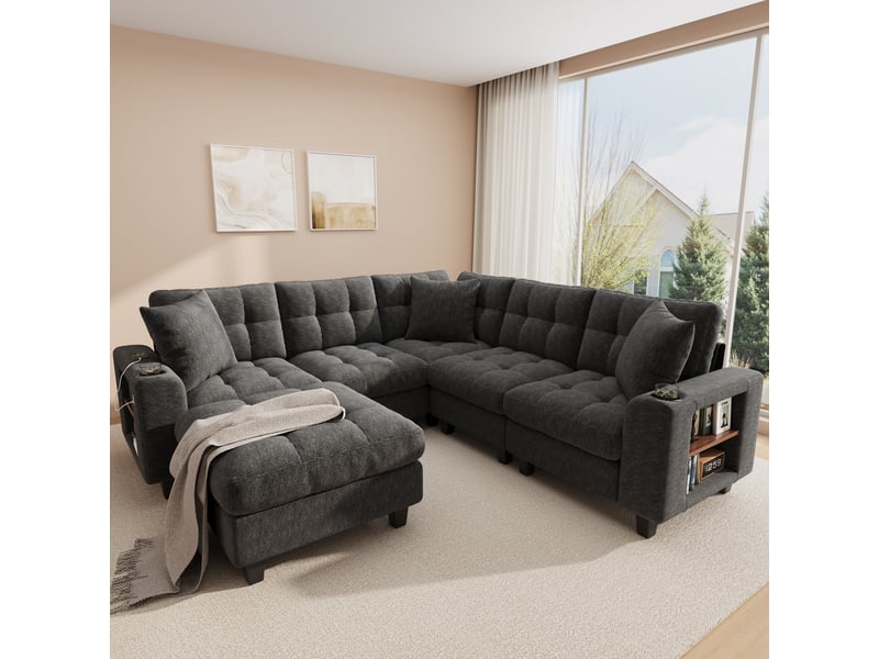 Canapé d’angle modulable xxl en u 6 places avec pouf amovible, accoudoirs bibliothèque, porte-gobelets, ports usb et usb-c, tissu chenille gris OPULERANE TRADING LTD - Conforama D