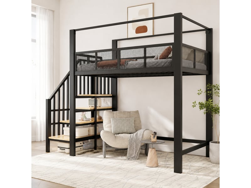  Lit mezzanine 90 × 200 cm 1 place avec escalier de rangement, baldaquin et barrière, sans matelas, noir  - Conforama C
