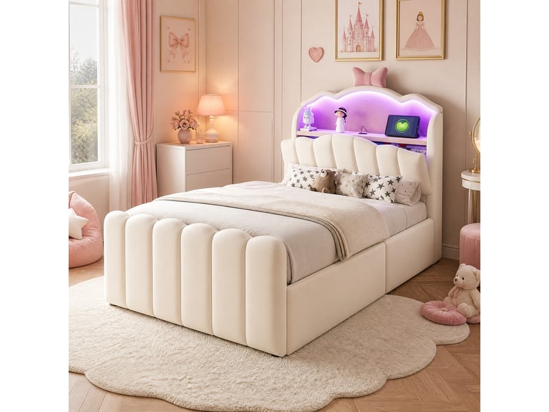  Lit enfant 90 x 200 cm beige en velours avec rangement hydraulique, led et ports usbusb-c  - Conforama C