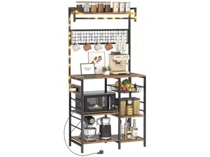 Étagère de cuisine avec trois prises, éclairage led industriel et étagères pour micro-ondes, 80 x 42 x 162 cm, marron rustique