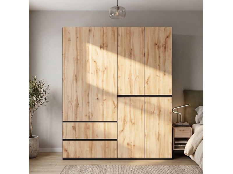  Armoire battante 180x50x200 cm, 2 tringles, 5 tiroirs, mdf, bois et noir, chambre et dressing, rangement vêtements déco  - Conforama B