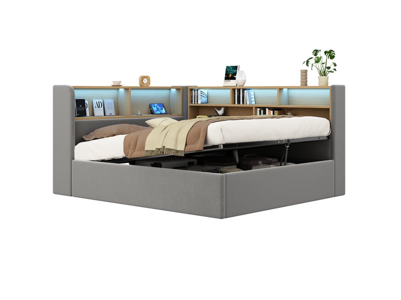  Lit banquette 140 × 190 cm en velours gris avec coffre, led et usb Fay Lum - Conforama A