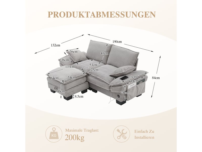 Canapé d'angle réversible fixe 2 places tissu gris clair - Conforama C