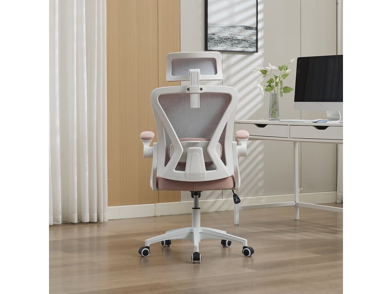  Chaise de bureau ergonomique réglable avec accoudoirs rabattables - lpospi - dossier en maille, revêtement rembourré rose  - Conforama C