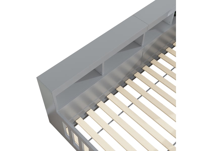 Lit enfant 90x200cm, sommier, garde-corps, tête de lit, port usb, rangement inclus, aggloméré, gris, sans matelas - Conforama D