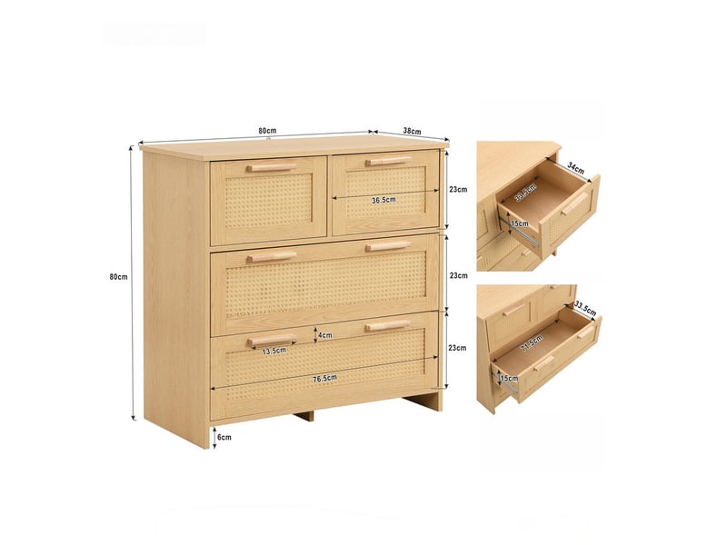 Commode à 4 tiroirs en rotin, finition premium, poignées en bois massif, convient à la chambre, l80 x h80 x p38 cm, couleur naturel  - Conforama C