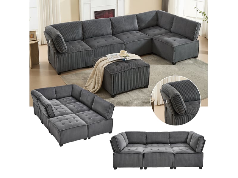Canapé modulable modenvie 6 places en velours côtelé gris, convertible en canapé-lit, rangement, 308 x 154 x 81,99 cm - Conforama D