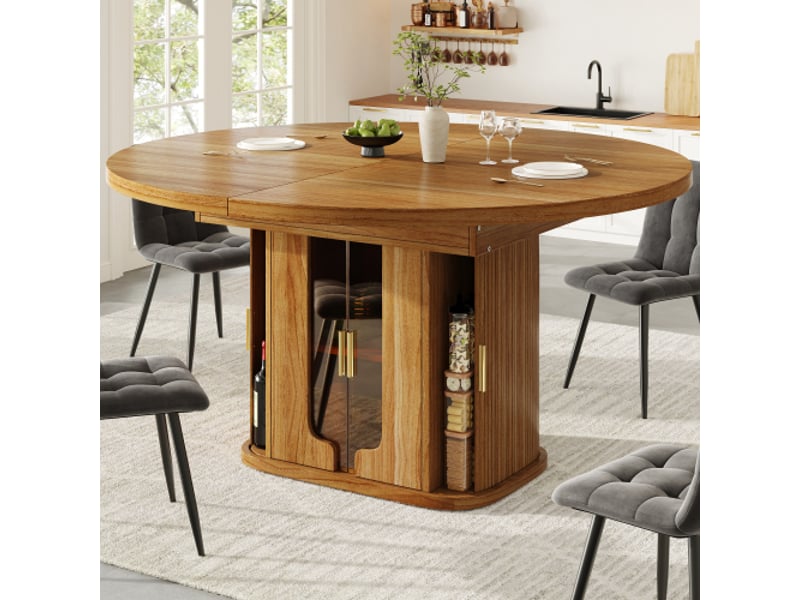 Table à manger extensible: ronde qui se transforme en ovale, 118–158 cm, 6 pers, bois de noyer, portes en verre - Conforama B
