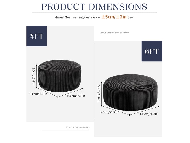  Pouf rond modenvie 4 ft 100 x 100 x 50 cm en velours côtelé noir avec mousse à mémoire de forme  - Conforama C