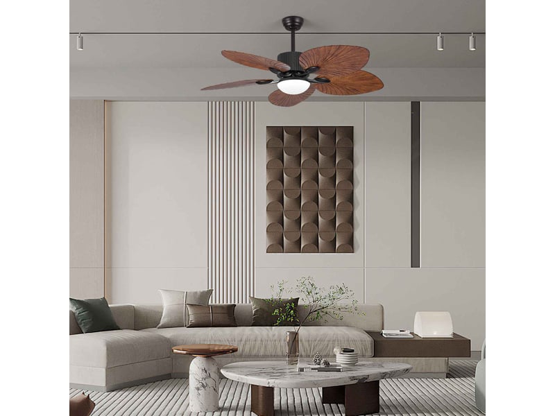 Ventilateur de plafond 132 cm avec led 20w, 5 pales effet feuille bois, télécommande, 6 vitesses, moteur réversible silencieux - Conforama B