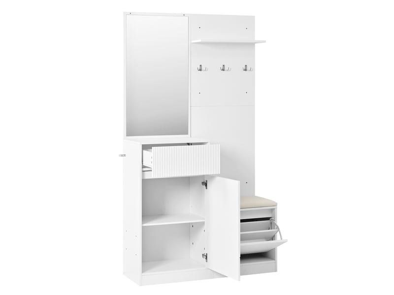  Vestiaire d’entrée avec miroir, meuble à chaussures, banc, abattants et éclairage led  - Conforama E